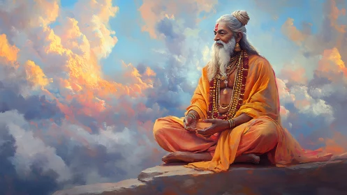 Hermit yogi in saturated cloudscape meditation study.