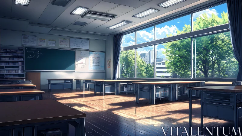 Sunlit empty classroom with wide windows and city view.