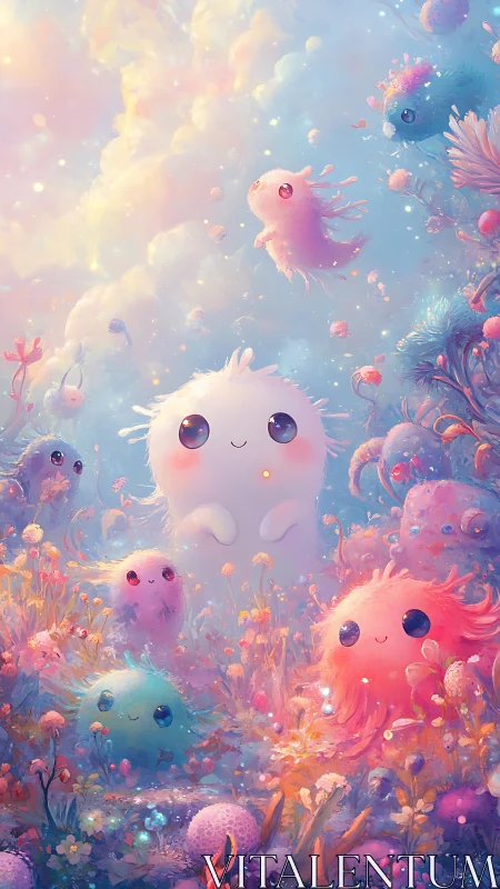 Fluffy pastel creatures gather in a dreamy enchanted meadow.