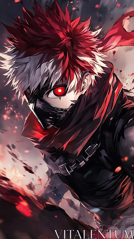 Masked red haired anime fighter in dynamic action scene.