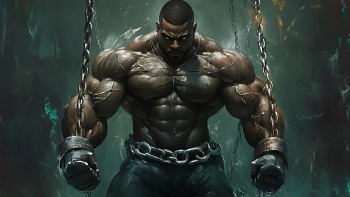 Muscular chained man stands restrained against dark backdrop
