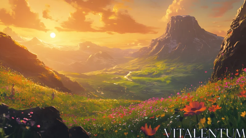 Radiant alpine valley at sunset with wildflower meadow foreground