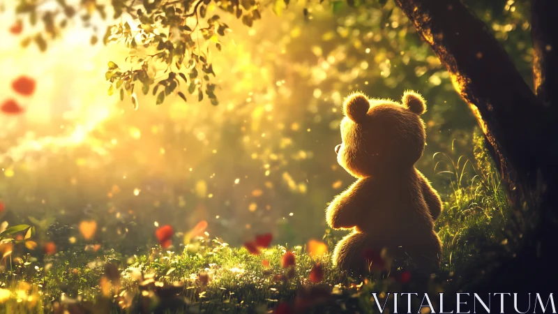Plush bear watches golden forest sunrise through drifting petals