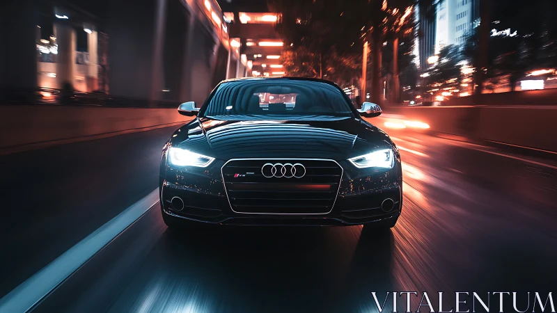 Black Audi sedan driving fast on city street at night.