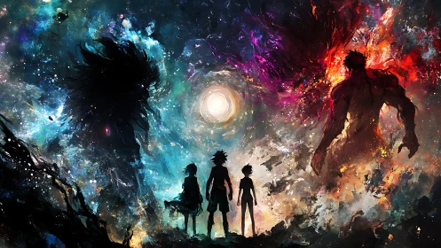 Silhouetted figures in cosmic void with opposing entities.