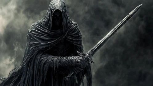 Hooded dark wraith holds a long sword in stormy mist.