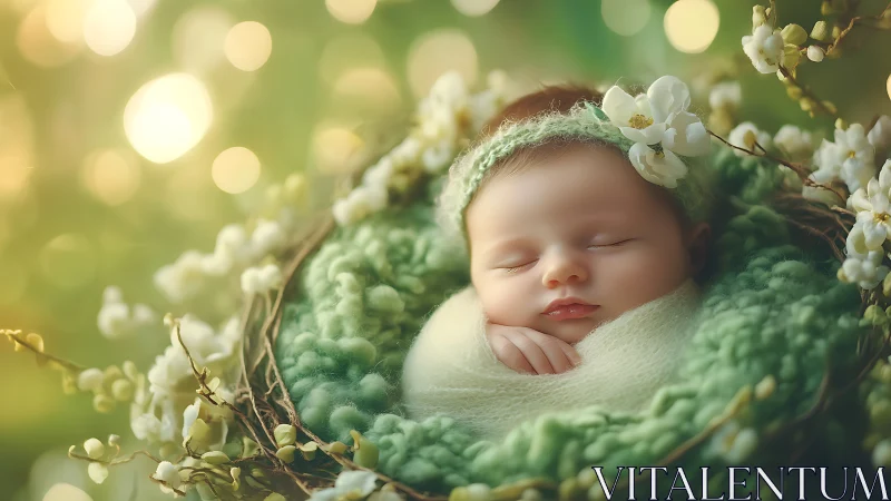 Sleeping Infant in Floral Garden Setting with Green Wrapping