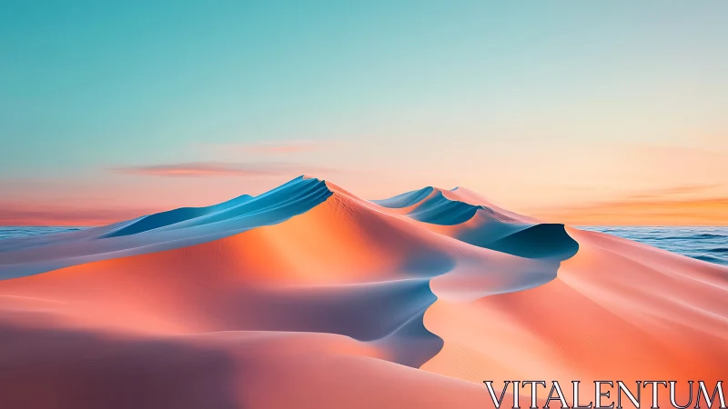 Sunlit desert dunes glow softly under a serene pastel sky