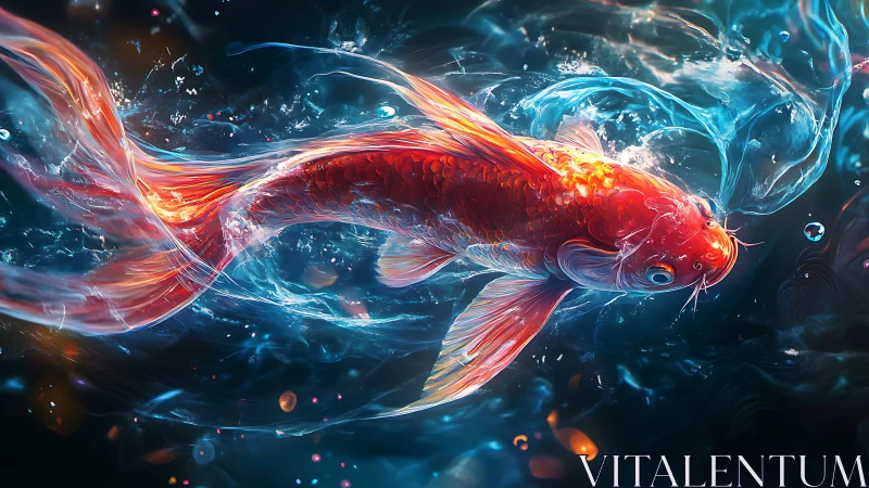 Luminescent koi in dynamic aquatic motion, digital painting.