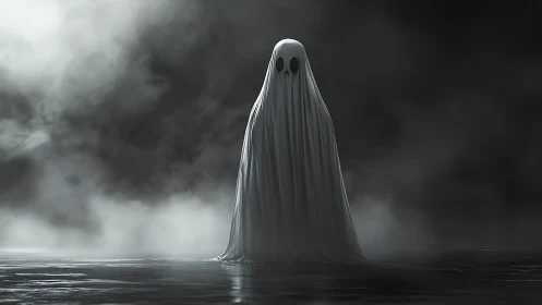 Lonely sheet ghost standing in dark foggy atmosphere.