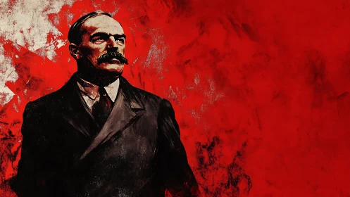 Stern man in suit stands before rough red painted backdrop