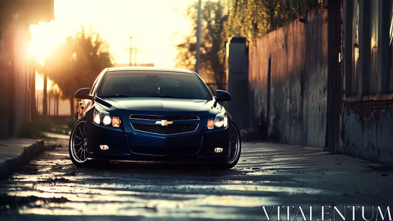Low-angle urban portrait isolates a dark sedan in sunset backlight