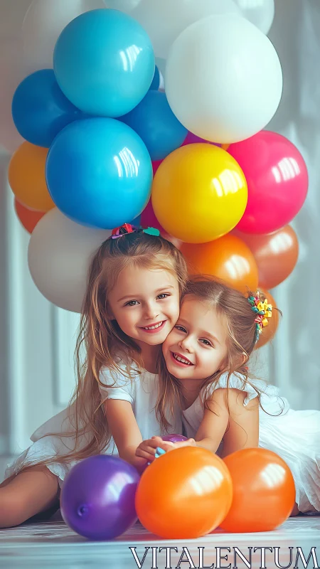 Sisters Embracing with Vibrant Balloons. Joyful Portrait.