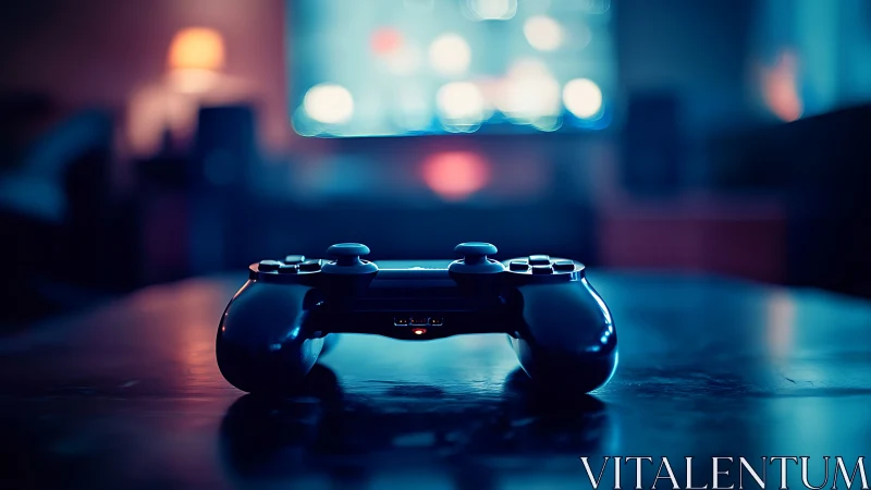 Gaming controller positioned on reflective surface with bokeh backdrop