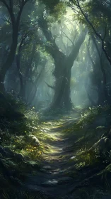 Misty forest path with ancient trees and dappled sunlight.