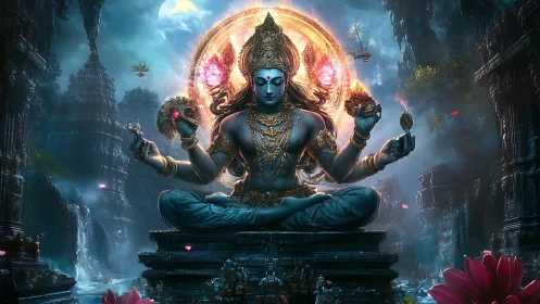 Celestial blue deity meditates amid neon-lit temple ruins.