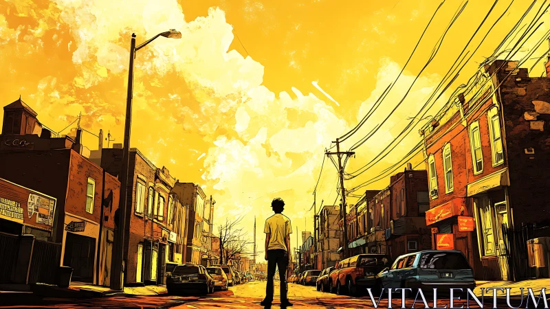 Person stands alone on sunlit urban street under orange sky