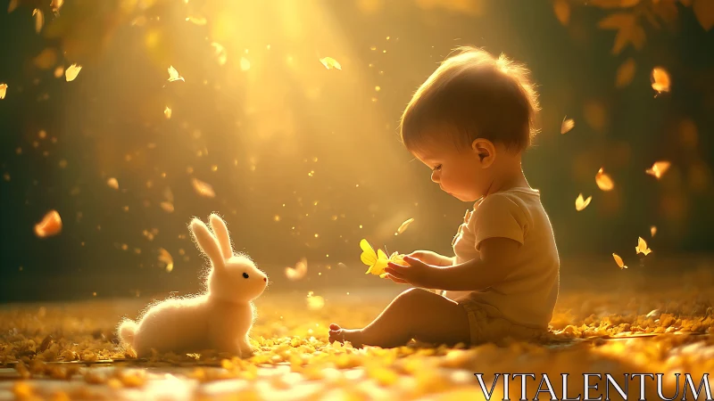 Backlit infant and rabbit rendered in warm volumetric autumn light