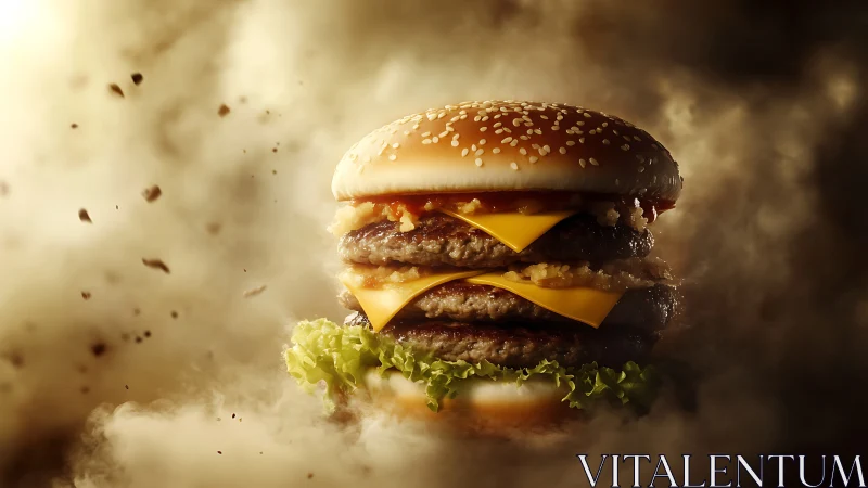 Hyper-detailed double cheeseburger in dramatic smoky backlight