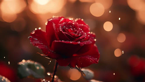 Deep Red Rose Glistening with Dewdrops