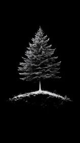 Lone winter pine glows like starlight on a silent hill.