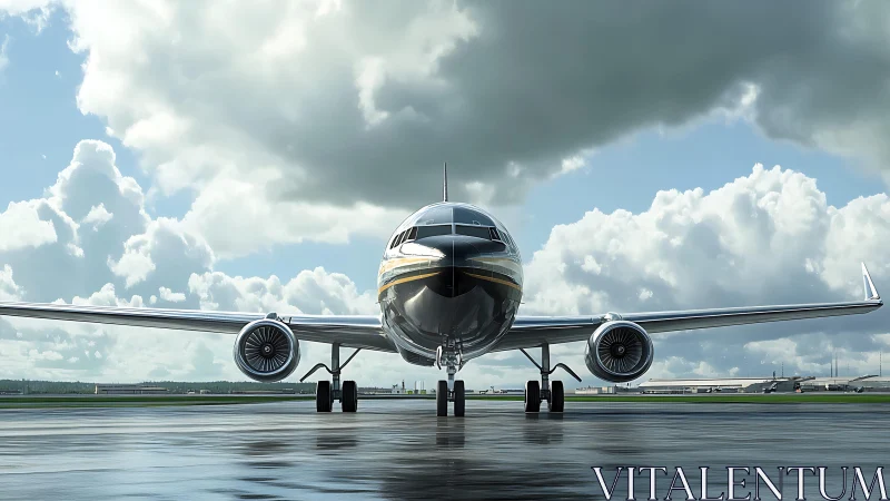 Front view of twin engine jet airliner on wet runway.