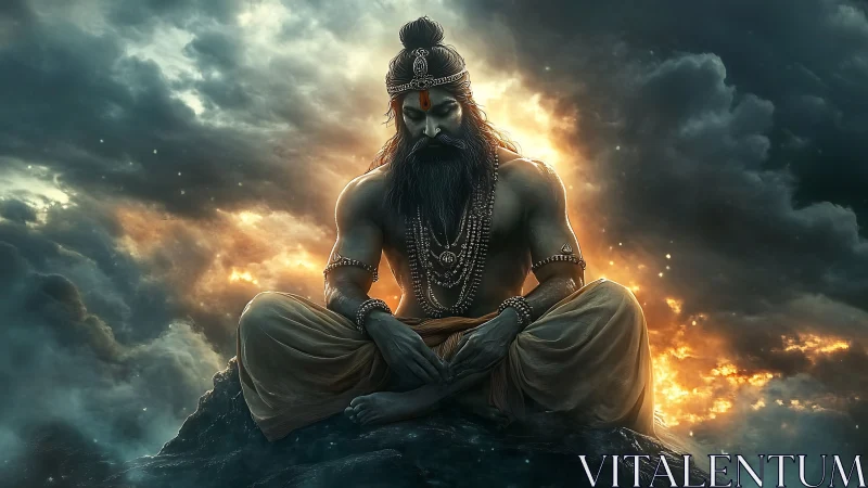 Meditating sage amid storm clouds and radiant backlight.