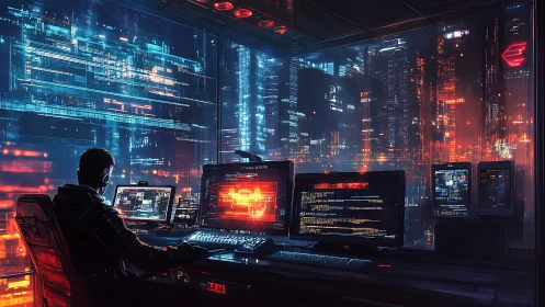 Cyberpunk workstation overlooking illuminated city grid.