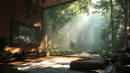 Modern Interior with Forest View through Large Windows