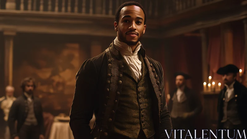 Confident man stands in candlelit historical salon interior