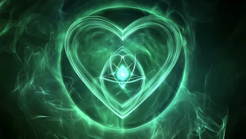 Green neon heart with geometric symbol on dark background.