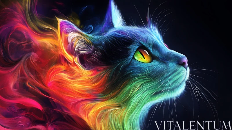 Stylized cat portrait with luminescent multicolor fur rendering.