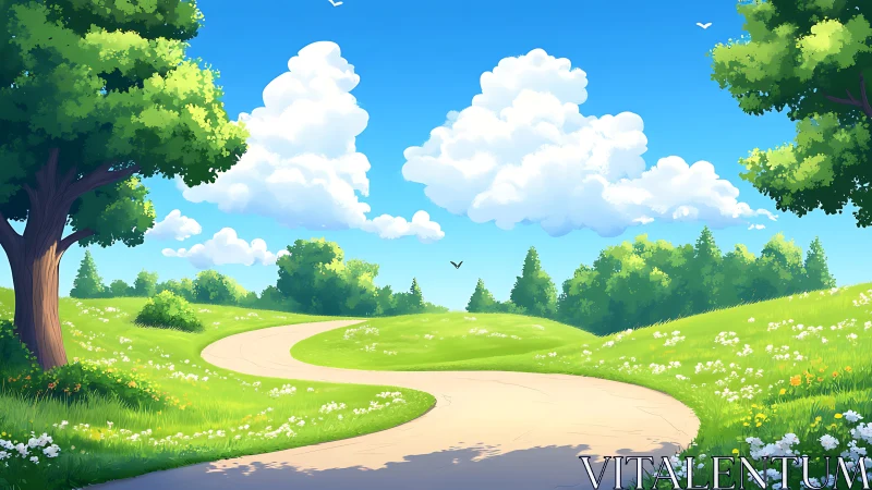 Sunlit meadow path curling beneath storybook summer skies.