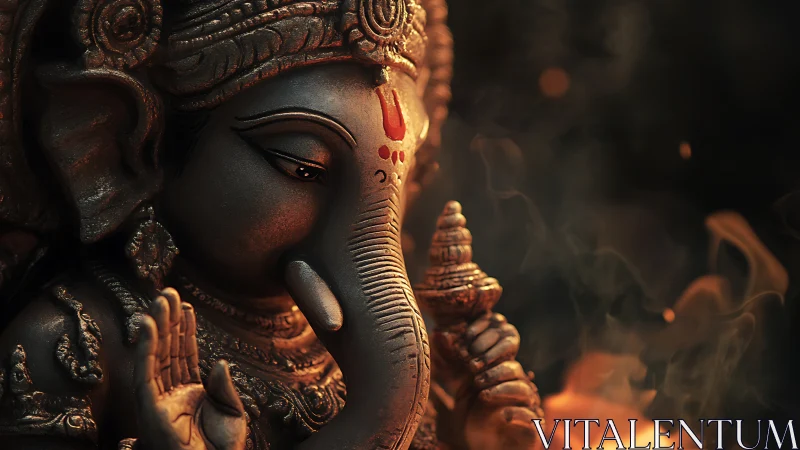 Ganesha statue glows beside ritual flames in warm darkness