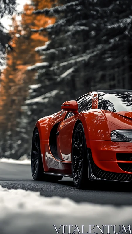 Red supercar cuts through snowy forest mountain road