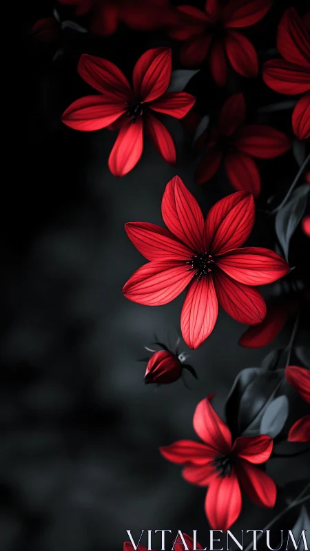 Red petaled flowers with dark center stamens against dramatic black background.
