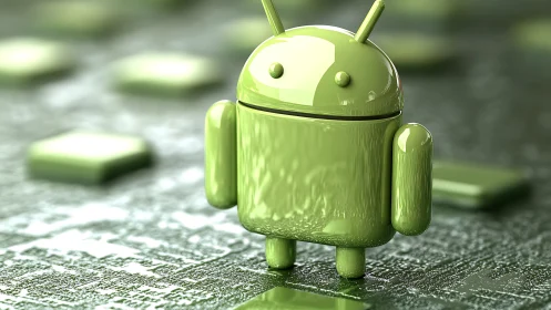 Glossy green android mascot stands on soft-focus circuit board