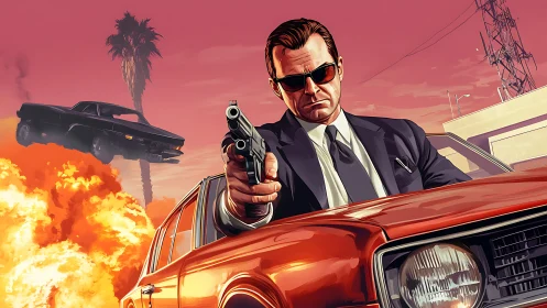 Suited gunman aims pistol over car during fiery street chase