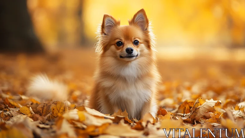 Small fluffy dog in shallow-depth autumn forest portrait scene
