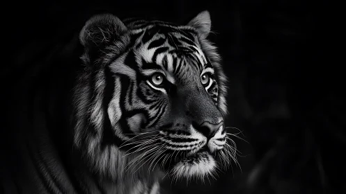 Close-up monochrome portrait of a focused tiger head.