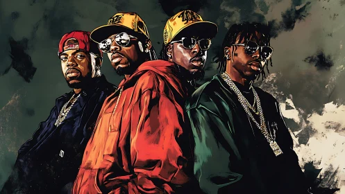 Hip hop crew portrait in bold urban digital painting style.