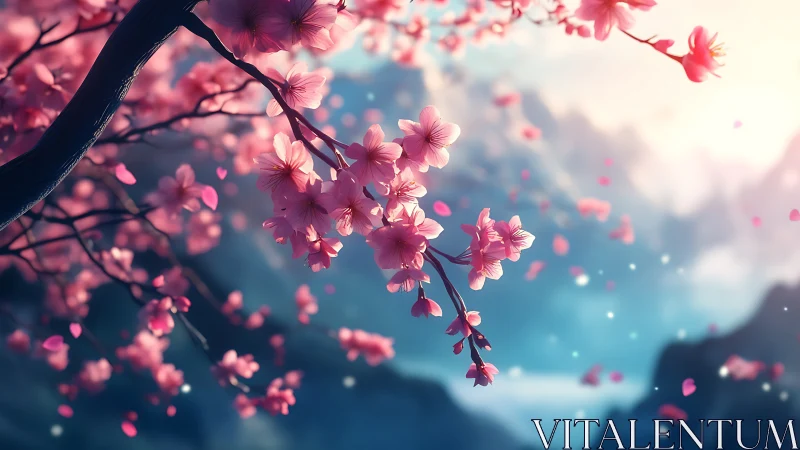 Tranquil Cherry Blossoms Dancing in Mountain Mist.