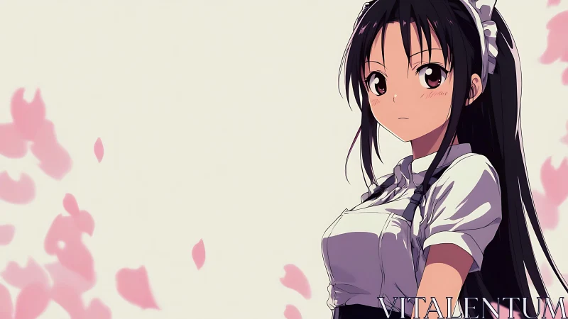 Anime maid girl stands amid drifting pink petals calmly.