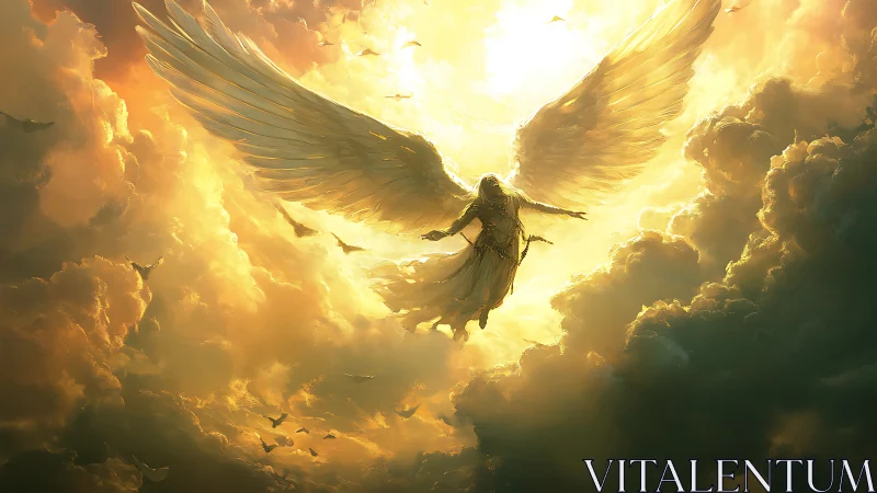 Radiant winged figure ascending through luminous clouds.