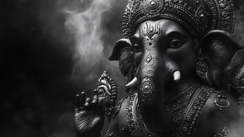 Monochrome sculptural portrait of ornate Ganesha iconography.