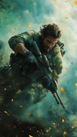 Focused soldier pushing forward through swirling chaos.