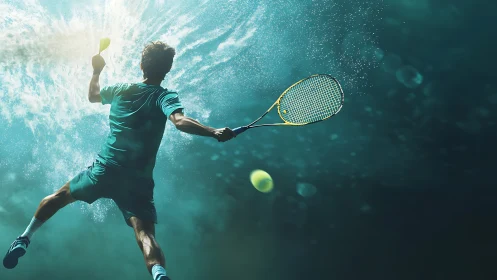 Explosive underwater tennis serve with dynamic splash effects.