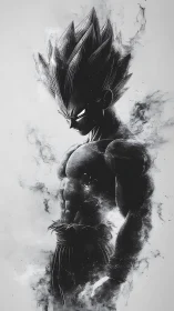 Stoic anime warrior stands in swirling monochrome energy haze