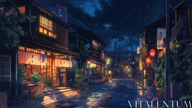 Anime night street with glowing lantern shops and rain.