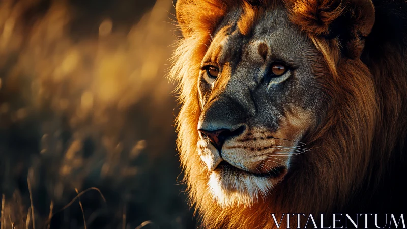 Male lion portrait captured in warm directional sunlight